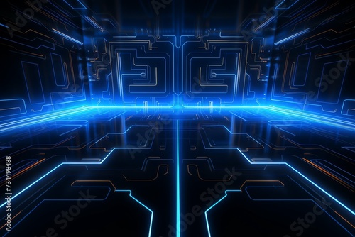A 3D illustration of a futuristic corridor with glowing blue circuit board patterns, symbolizing advanced technology and digital pathways.
