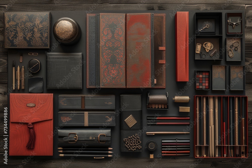 An assortment of vintage stationery items meticulously arranged on a dark wooden surface, showcasing an air of classic sophistication.