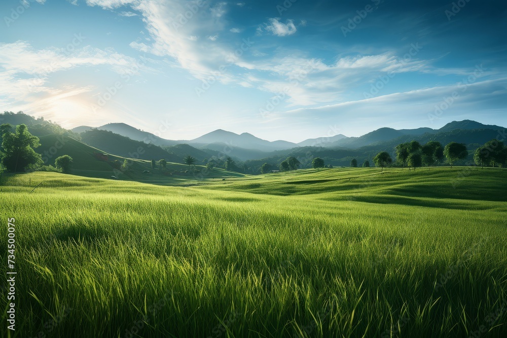 Lush green fields under a clear sky at dawn in a mountainous landscape.