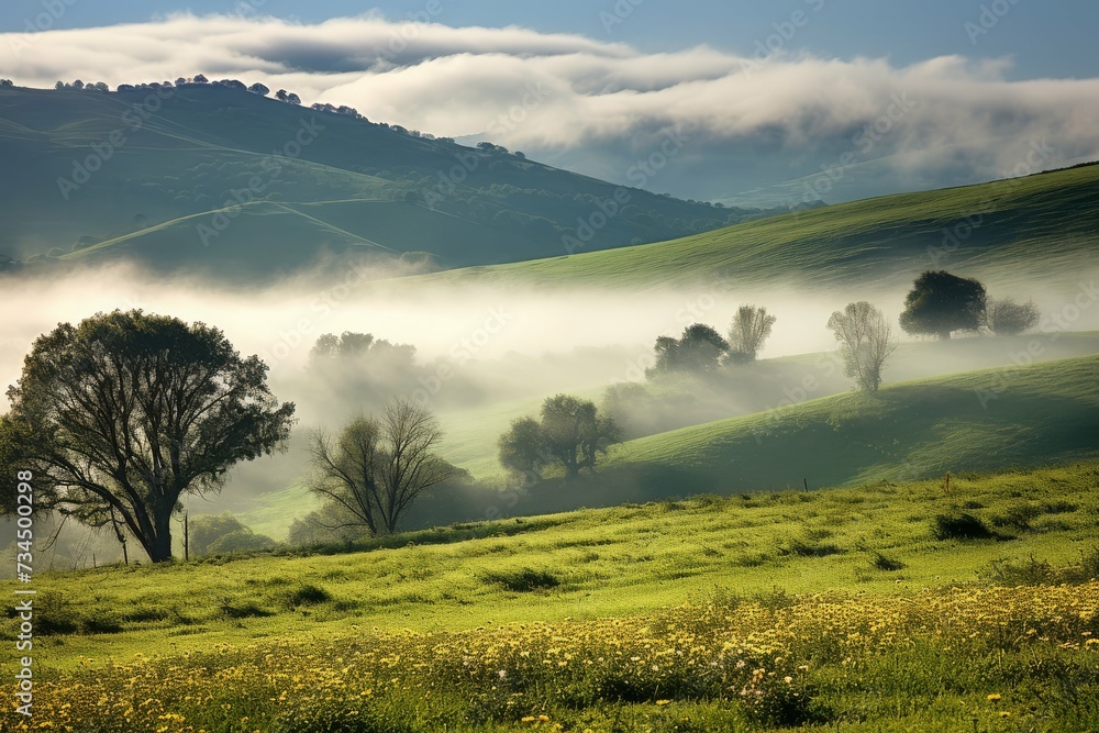 Morning mist blankets the rolling green hills dotted with trees under a soft sky, creating a fresh and peaceful landscape.