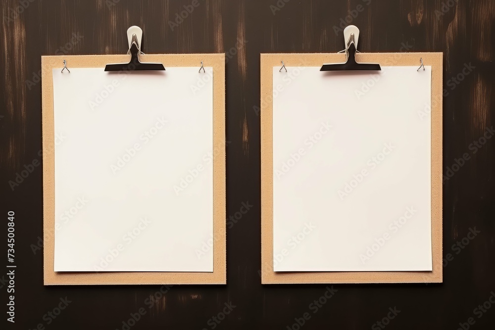 Two blank clipboards hanging on a dark wooden background, ready for presentation or display. Two blank clipboards hanging on a dark wooden background, ready for presentation or display.