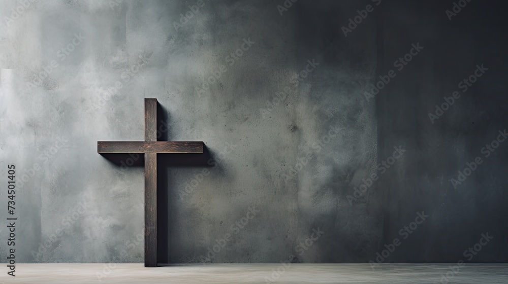 A wooden Christian cross near a concrete wall.