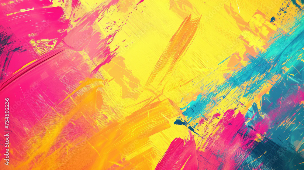 Obraz premium An energetic swirl of bold yellow, pink, and blue hues in a dynamic abstract oil painting. 