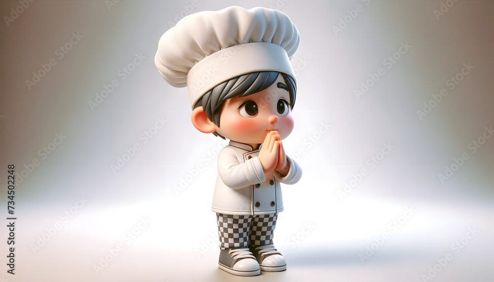 a 3D realistic character of a chef kid cartoon. The character is standing and paying respect calmly a 3D realistic character of a chef kid cartoon. The character is standing and paying respect calmly