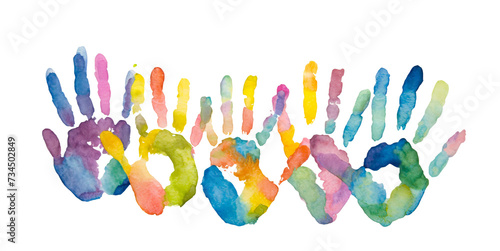 Colorful handprints on paper watercolour style illustration