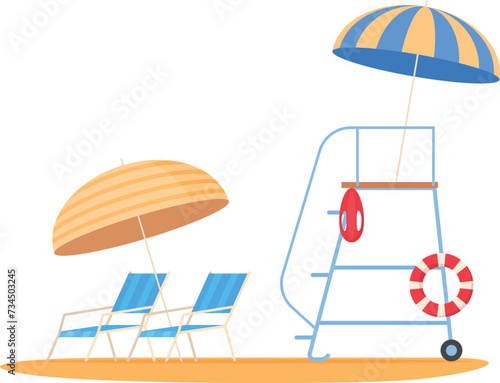Beach lifeguard chair with umbrella chaise longue and lifebuoy isometric vector illustration