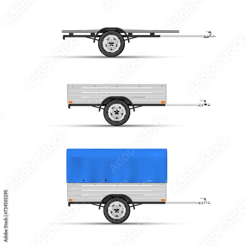 Car trailer open awning single axle for goods cargo transportation side view set realistic vector
