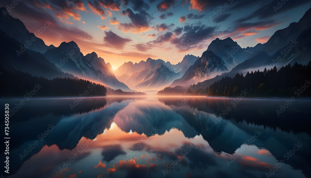 the serene beauty of dawn at a mountain lake. The scene captures the tranquil waters reflecting the first light of day, with majestic mountains in the background