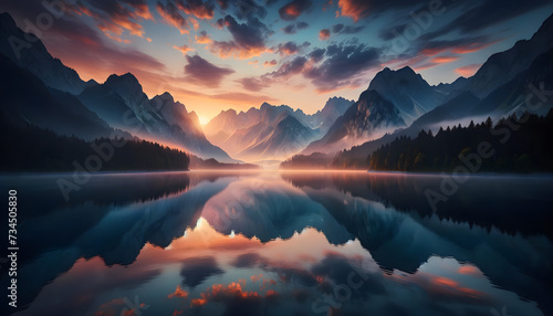 the serene beauty of dawn at a mountain lake. The scene captures the tranquil waters reflecting the first light of day  with majestic mountains in the background