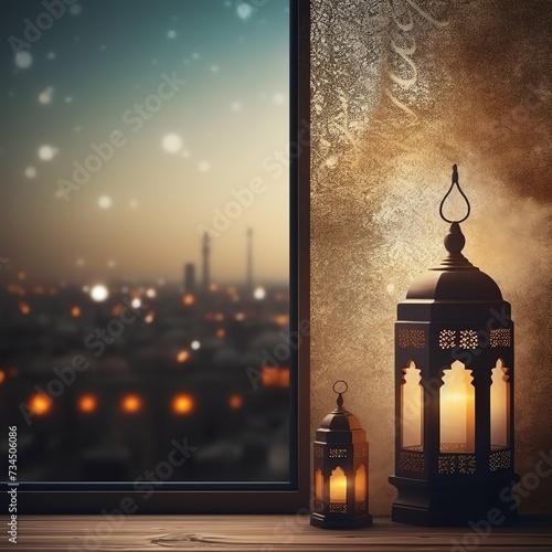 Eid mubarak and ramadan kareem greetings with islamic lantern and mosque. Eid al fitr background