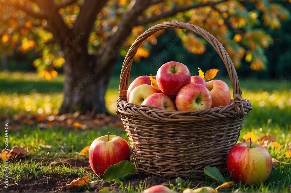 Red apples in a basket on the ground Red apples in a basket on the ground