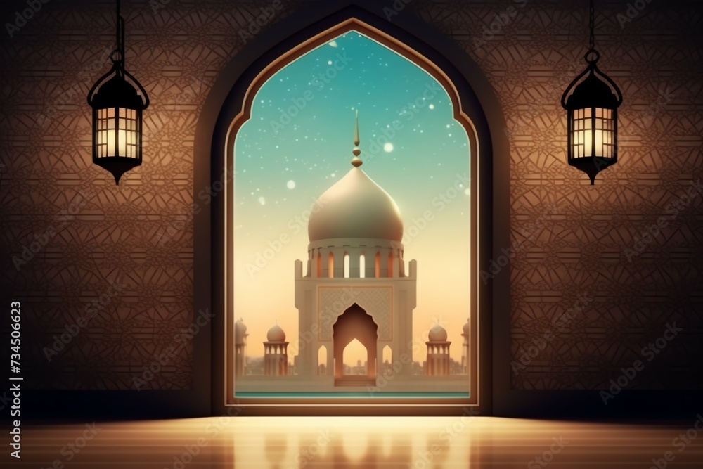 Fototapeta premium Eid mubarak and ramadan kareem greetings with islamic lantern and mosque. Eid al fitr background