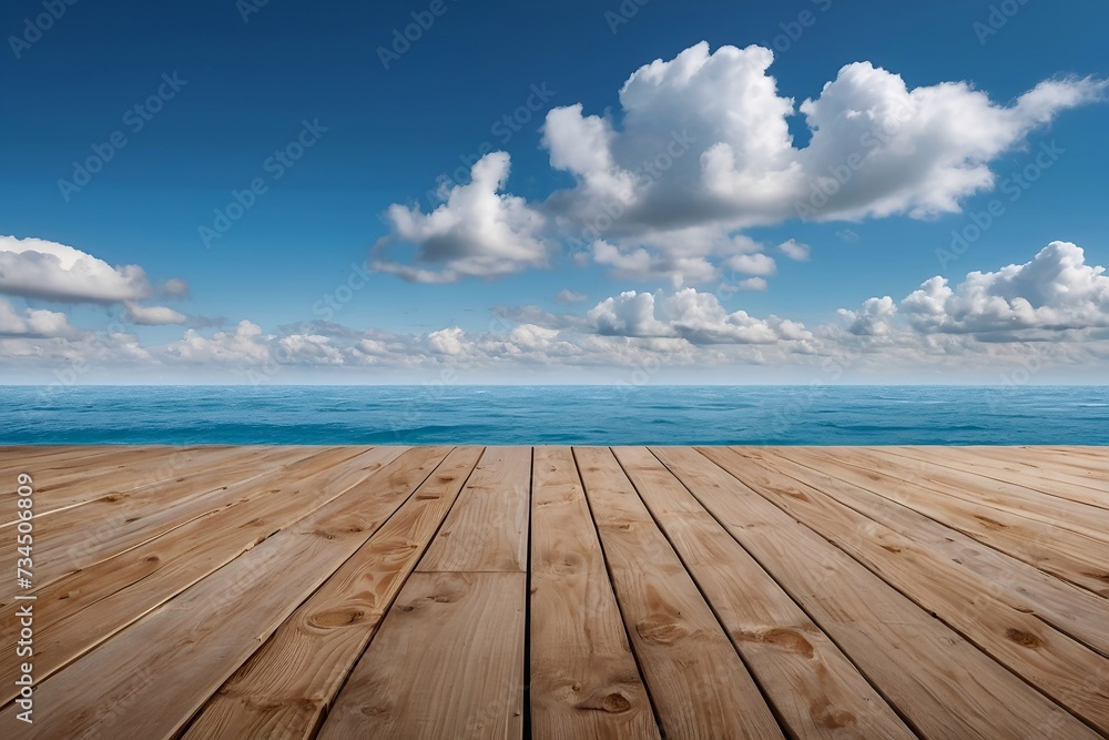 Wooden floor and blue sky with white clouds over the sea.
