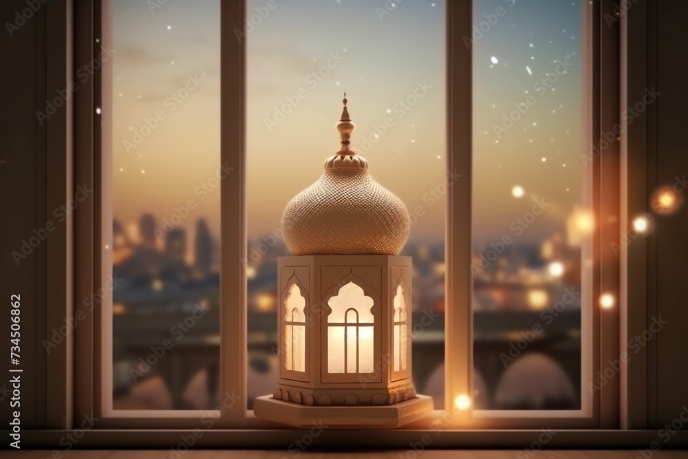 Fototapeta premium Eid mubarak and ramadan kareem greetings with islamic lantern and mosque. Eid al fitr background