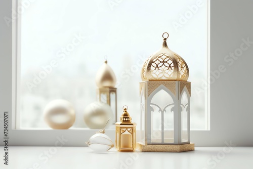 Eid mubarak and ramadan kareem greetings with islamic lantern and mosque. Eid al fitr background