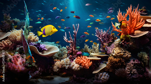 Display of Biodiversity: Shimmering Fish, Coral Reef and Sea Turtles under the Sea