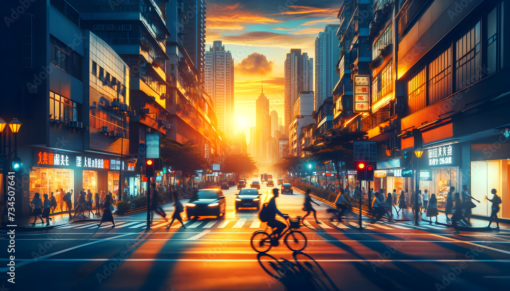 the bustling urban street life at sunset. The scene is alive with the motion of city life, featuring pedestrians, cyclists, and cars moving along the street