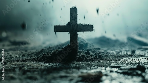 Christian cross and ash as symbol of religion, sacrifice, redemption of Jesus Christ. Ash Wednesday concept photo