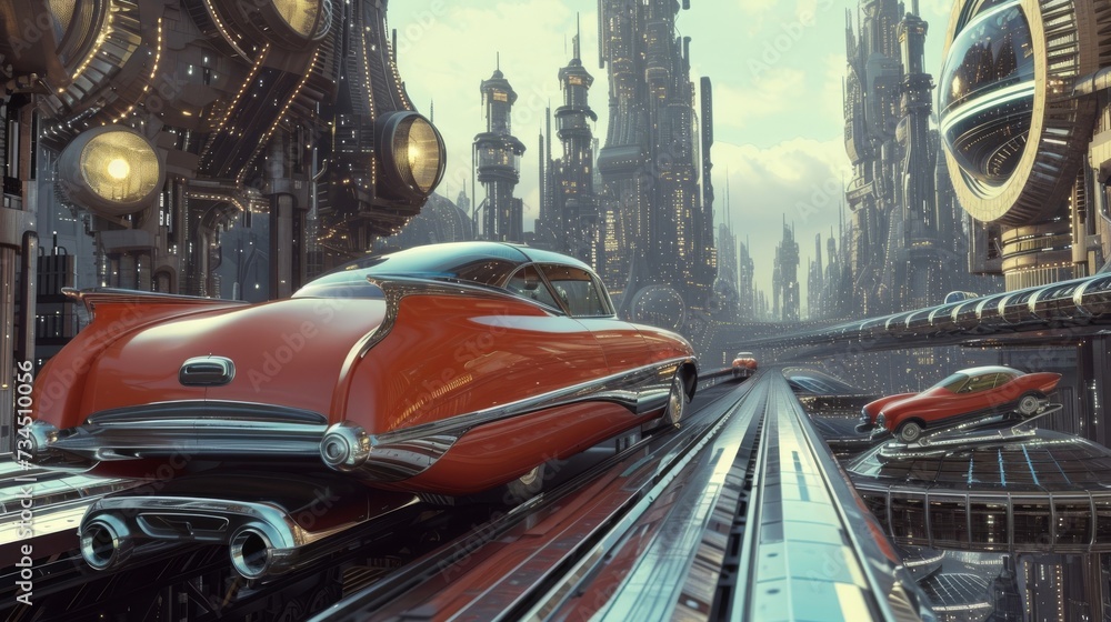 Naklejka premium RetroFuturistic Red Classic Car on Urban Highway