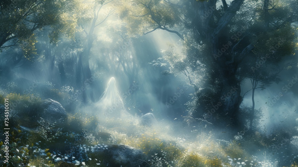 Tranquil Forest Scene with Magical Mist and Luminosity
