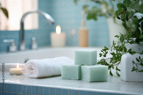 Spa-Inspired Bathroom Decor with Towels, Candles, and Green Plant on Blue Tiles