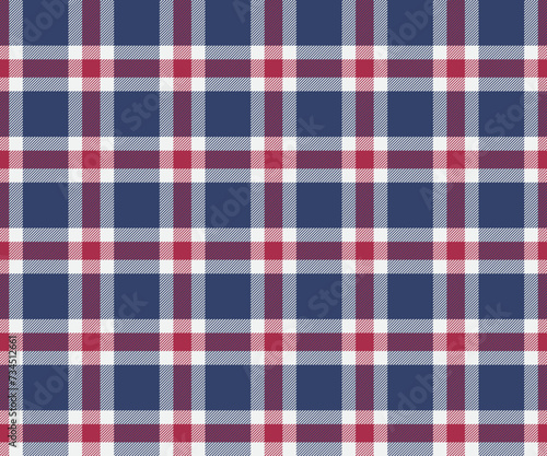 Plaid pattern, blue, white, red, seamless background for textiles, clothing designs or decorative fabrics. Vector illustration.