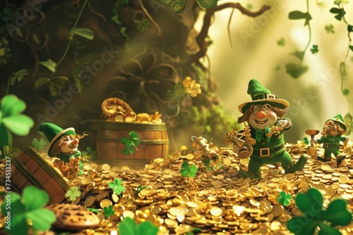 Fictional characters, leprechauns, stand on a pile of gold coins