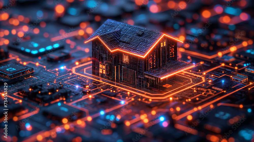 Obraz premium A house in a digital neon line board. digital building concept. future technology growing concepts. digital marketing concept.