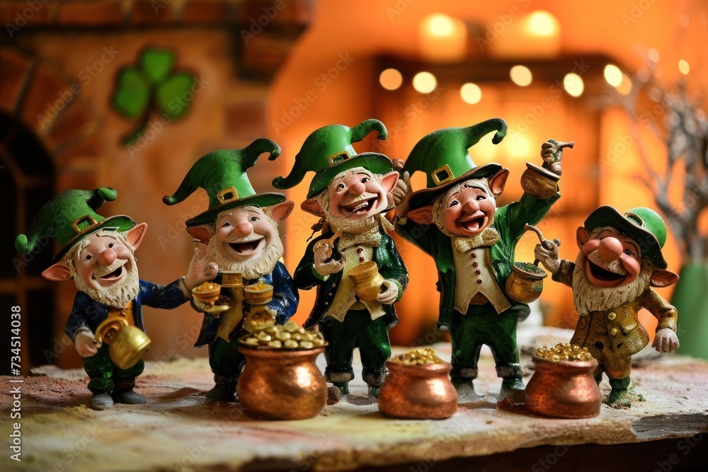 A team of leprechaun figurines showcased as holiday art on a table