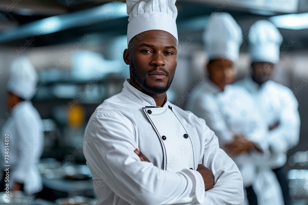 african american chef standing with crossed arms in kitchen of restaurant