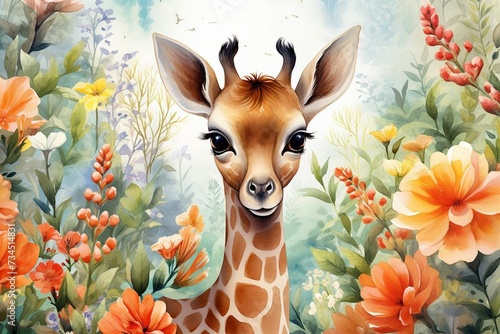 Adorable animal in flowery garden, perfect for kids room or wallpaper. Generative AI photo