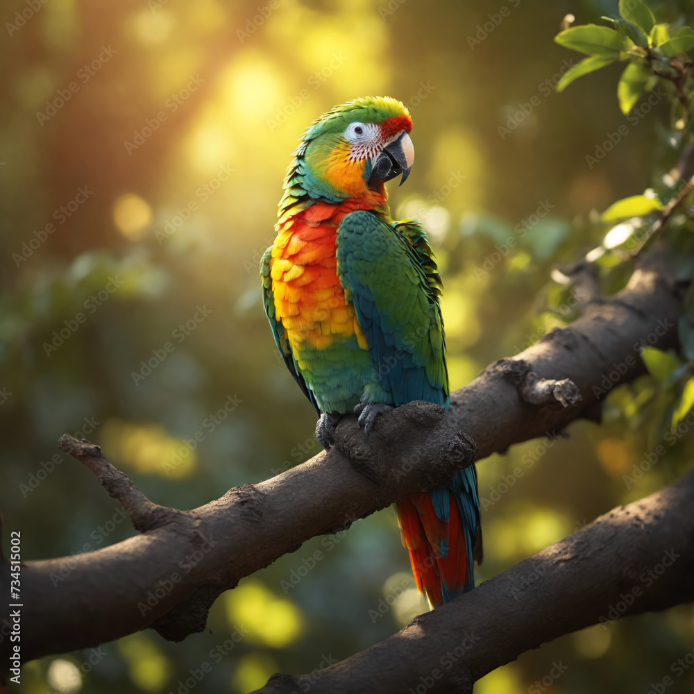 Enchanted Haven A Magical Forest Awakens with a Colorful Parrot Perched in Golden Sunlight Enchanted Haven A Magical Forest Awakens with a Colorful Parrot Perched in Golden Sunlight