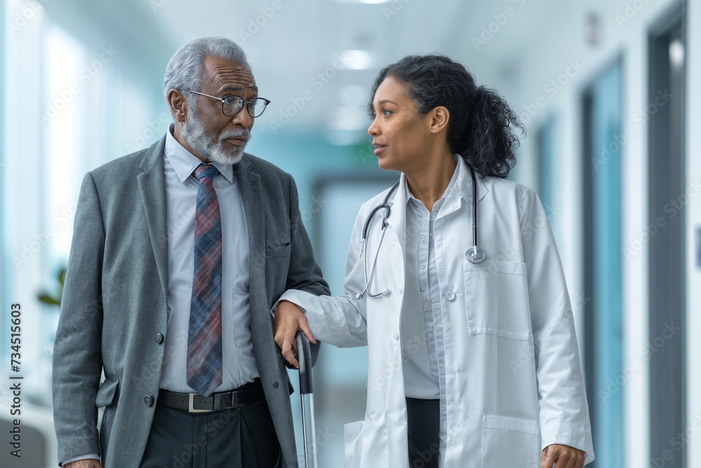 Doctor and patient discussing something while walking in hospital corridor. Medical healthcare and doctor staff service concept. Doctor and patient discussing something while walking in hospital corridor. Medical healthcare and doctor staff service concept.