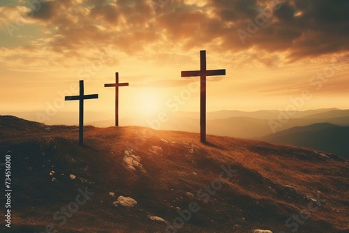 Three crosses on hill at sunset. Death and resurrection of Jesus Christ. Easter concept. Generative AI