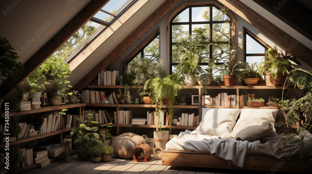 Fototapeta premium interior design of rooftop attic room with book and plant concept
