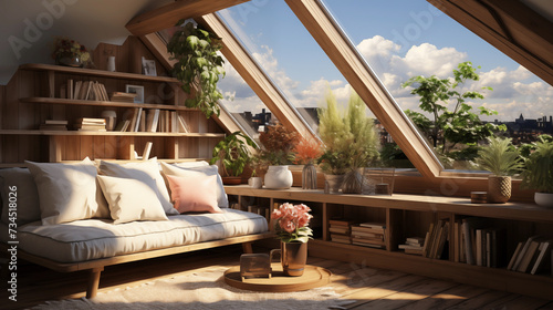 interior design of rooftop attic room with book and plant concept photo