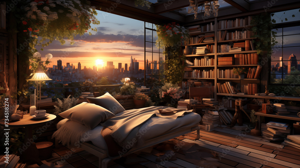 interior design of rooftop attic room with book and plant concept