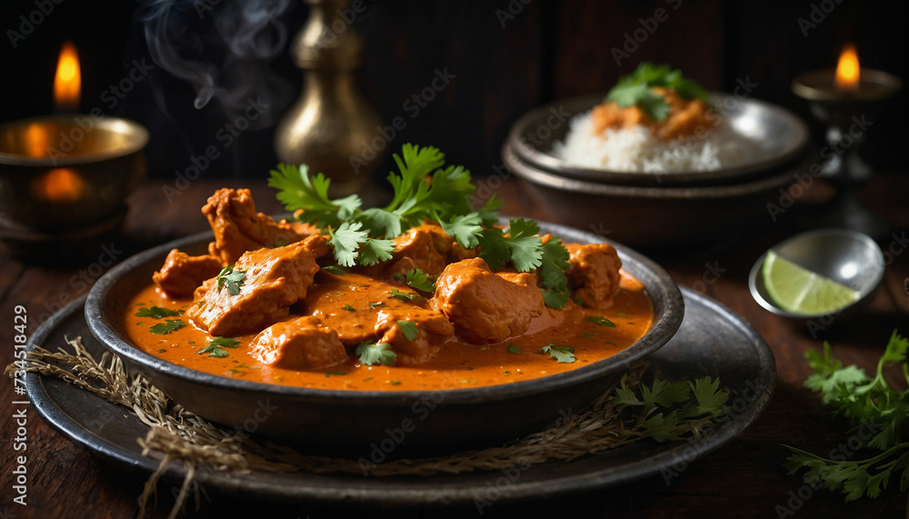 Close up shot of a steaming plate of butter chicken adorned with fresh cilantro leaves, sitting invitingly on a rustic dark wooden table, the creamy sauce glistening under the warm lighting