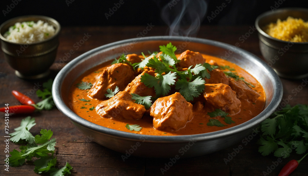 Close up shot of a steaming plate of butter chicken adorned with fresh cilantro leaves, sitting invitingly on a rustic dark wooden table, the creamy sauce glistening under the warm lighting