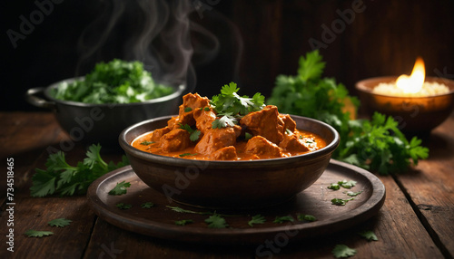 Close up shot of a steaming plate of butter chicken adorned with fresh cilantro leaves, sitting invitingly on a rustic dark wooden table, the creamy sauce glistening under the warm lighting
