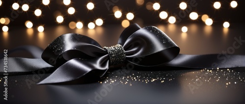 Black satin ribbon bow on sparkling background. photo