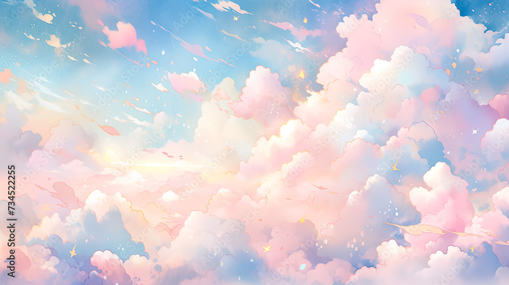 カラフルでメルヘンチックな雲と空の水彩イラスト背景