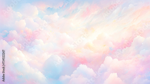 カラフルでメルヘンチックな雲と空の水彩イラスト背景