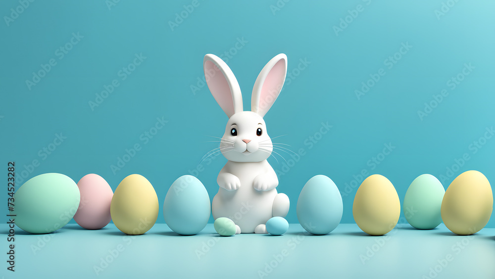 Vivid Easter Delight 3D Bunny Rabbit and Bright Eggs on Blue Background. 3D easter background easy to use. Vivid Easter Delight 3D Bunny Rabbit and Bright Eggs on Blue Background. 3D easter background easy to use.
