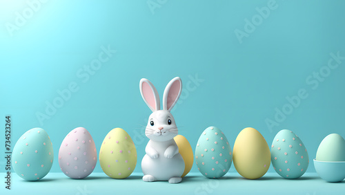 Easter Festival 3D Bunny Rabbit and Vibrant Eggs on Blue Background. 3D easter illustration ready to use.