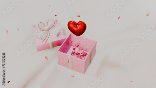 The pink gift box was opened and the heart floated. In the atmosphere of love among the flying rose petals. 3D Rendering and 3D Video.
