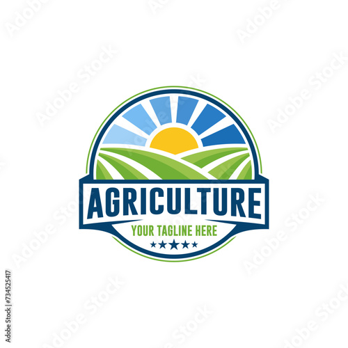 business and Farm Food vector logo design illustration, tractor farm, land farming, crop field, pasture, milk, barn, on green background