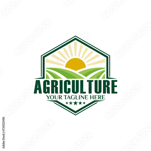 business and Farm Food vector logo design illustration, tractor farm, land farming, crop field, pasture, milk, barn, on green background