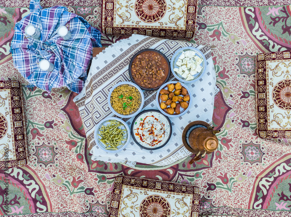 Traditional Ramadan Iftar Table in the Garden Drone Photo, Eid Mubarak Concept Uskudar, Istanbul Turkiye (Turkey)