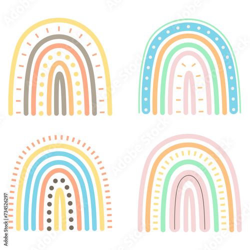 Hand Drawn Rainbow Boho. Scandinavian Style. Pastel Colors. Vector icon Set.